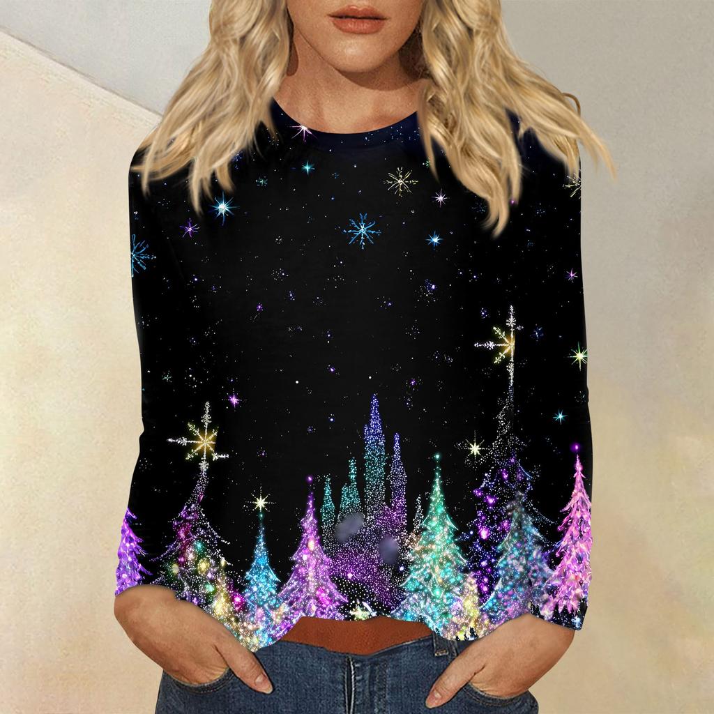 Women's Fashion Casual Christmas Printed Round Neck Long Sleeve Pullover Top