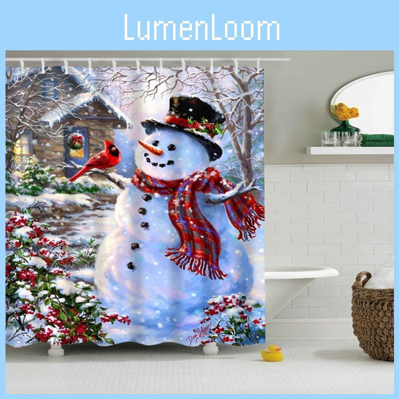 Lebhafter Weihnachts-Duschvorhang für das Badezimmer mit Weihnachtsmann und Schneemann mit 12 Haken