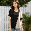Women Tops Crew Neck Short Sleeve Pullover Tops with Irregular Ruffle Hem Block Design Buttons Decor Loose Fit Versatile Blouse