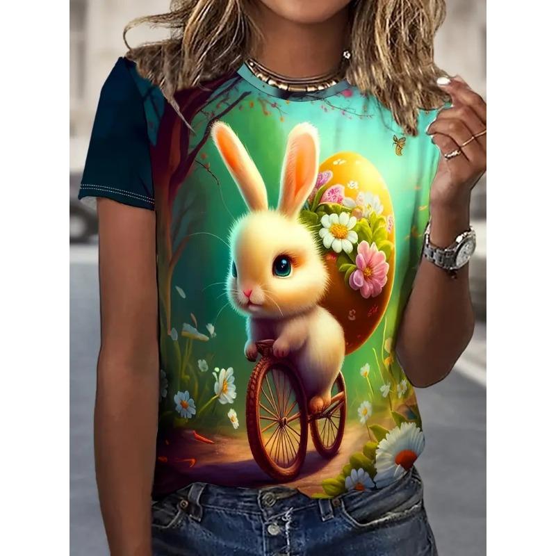 Sommer Rundhals 3D Hasenprint Top Modische Lässige Kurzarm Damen T-Shirts