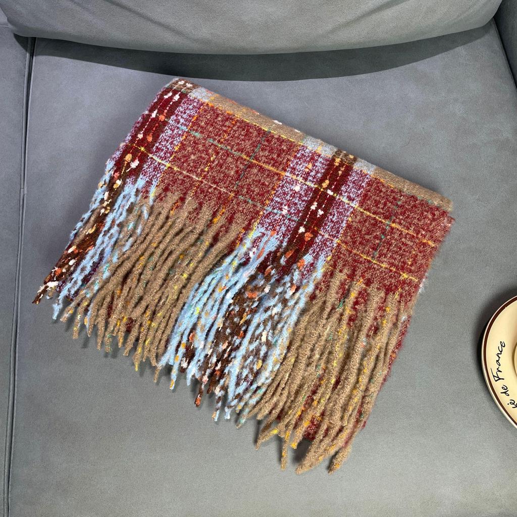 Korean Style Plaid Mohair Scarf - Women's Winter Imitation Cashmere Shawl