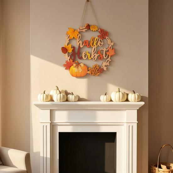 Maple Leaf Pumpkin Ornament Autumn Harvest Wooden Wreath Pendant, Front Door Hanging Ornaments with Hemp Rope, Natural Wood Seasonal Sign Pumpkins