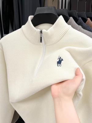 Herren Winter Pullover aus Fleece mit gesticktem Pony-Logo - Halber Stehkragen, Dickstrick