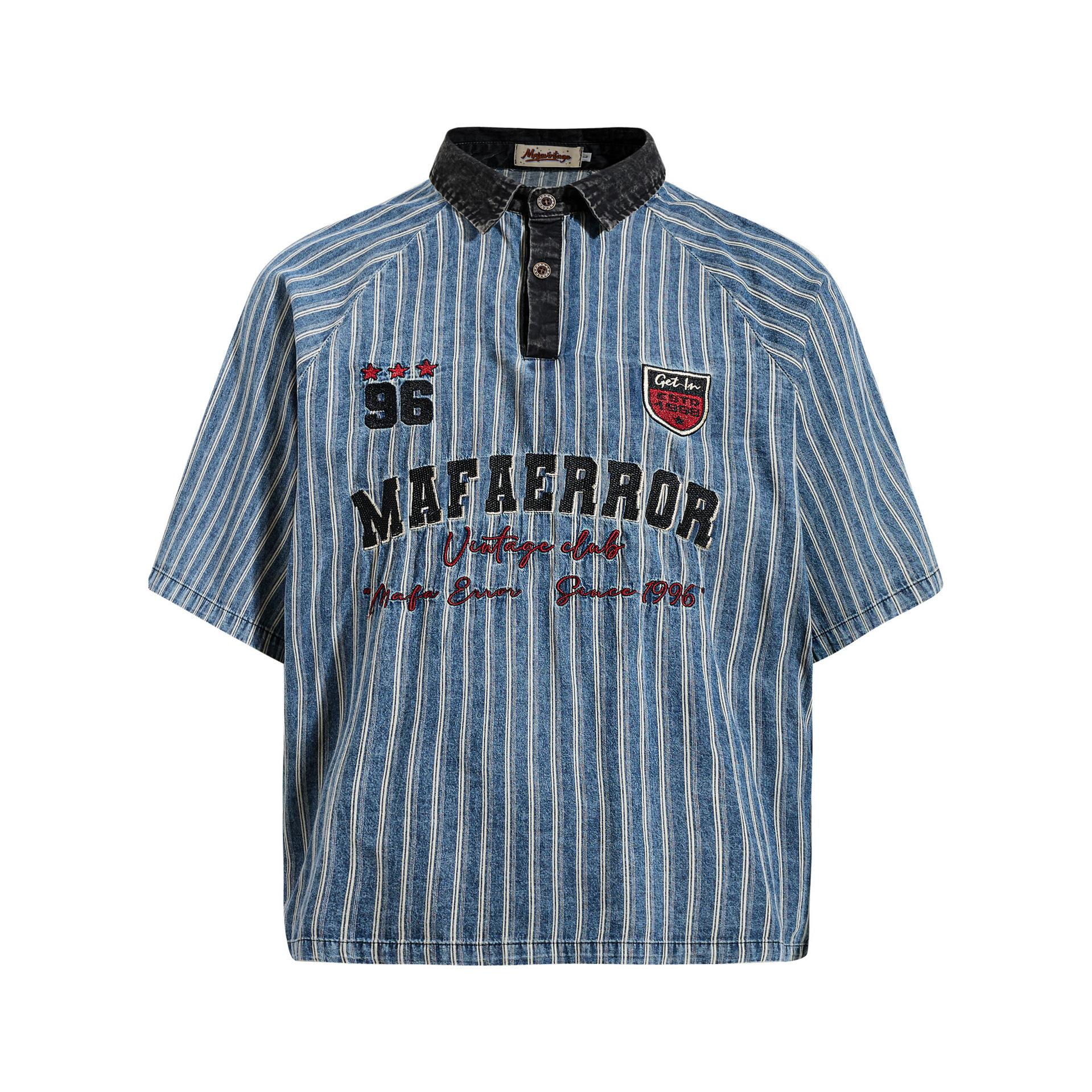American retro washed denim short-sleeved lapel POLO shirt embroidered striped T-shirt M