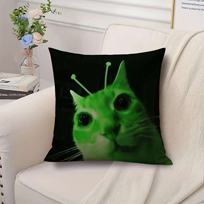 1Pc Funny Alien Cat Print Pillow Cover, 2D Double-Sided Polyester Cushion Case, Green Meme Decor Pillowcase, Gift For Cat Lovers