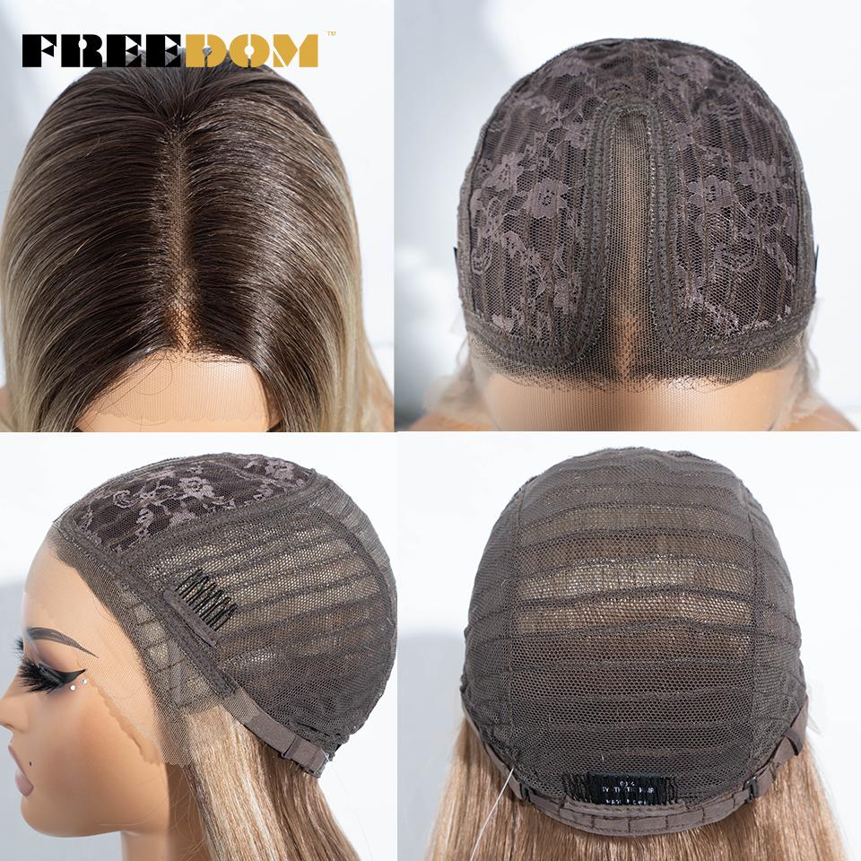 FREEDOM Straight Synthetic Lace Front Wigs For Women 24 Inches Long Lace Wig With Bangs Ombre Brown Blonde Highlight Cosplay Wig