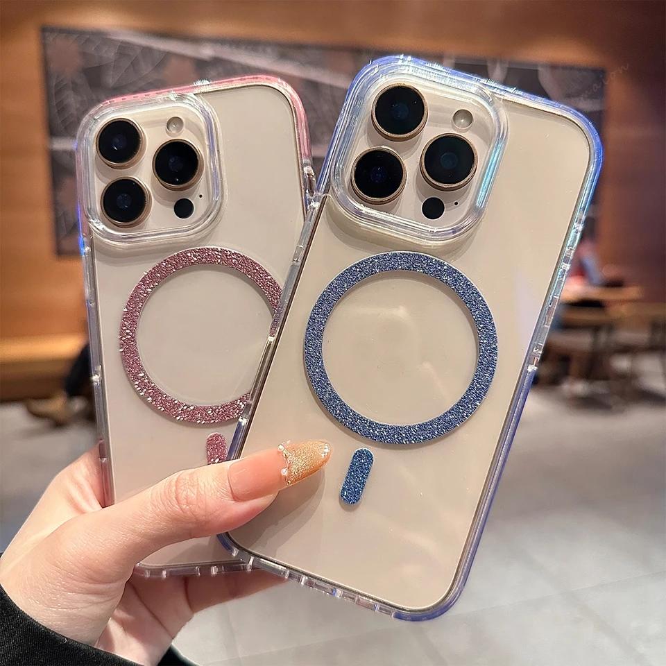 Glitter Color Blocking Magnetic Phone Case For iPhone 16E 15 14 13 12 11 16 Pro Max 15 16 Plus Luxury Protector Shockproof Cover