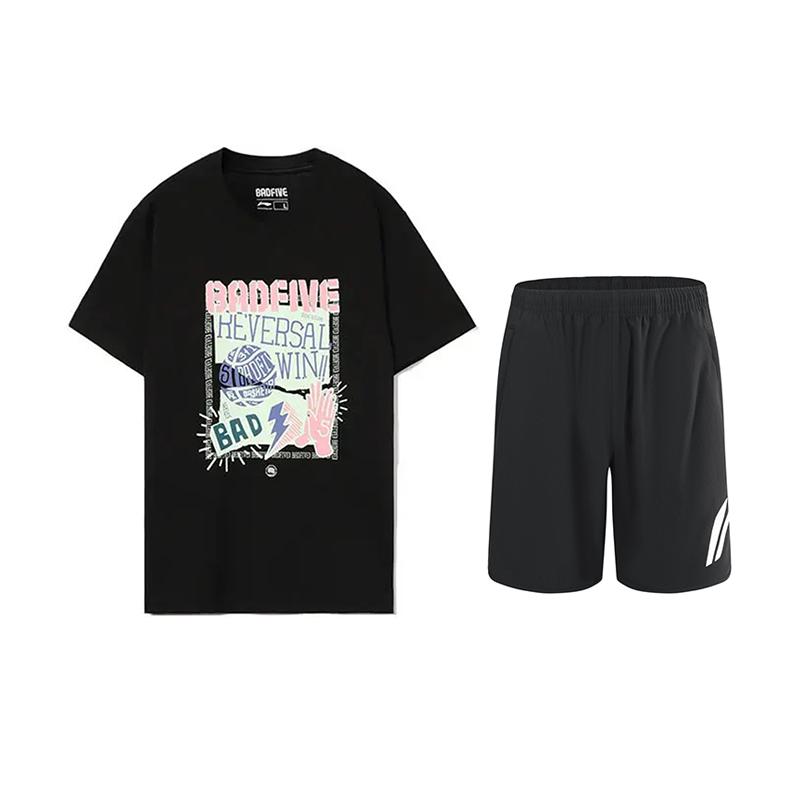 

Li-Ning Versatile Printed Comfortable Short Sleeve T-Shirt Casual Sports Set Unisex Tops Black AHSU979-1+YKSV197-2 L