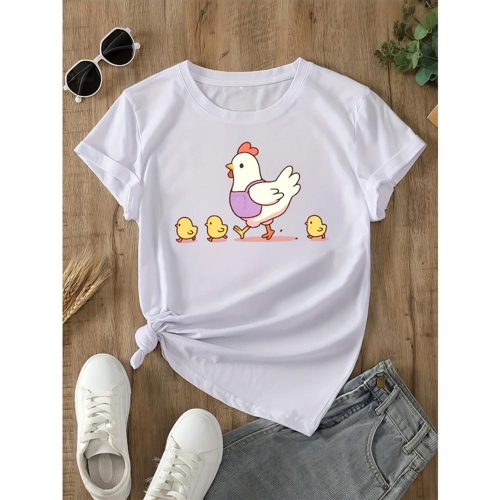 Cute Hen and Chicks T Shirt Women Short Sleeve Casual Top Funny Farm Animal Graphic Everyday Wear