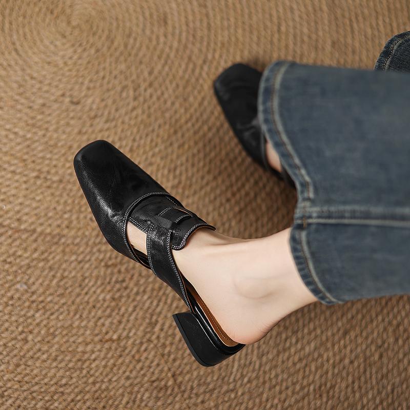 Fashion NEW Summer Women Mules Genuine Leather Shoes for Women Cover Toe Chunky Heel Slippers Pointed Toe Slingback Flower Black Sandals