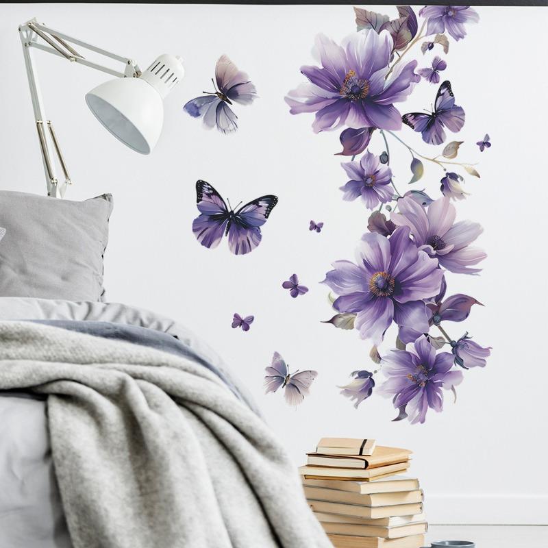 1PCS Purple Flowers Green Plants Butterfly Bedroom Living Room Wall Decoration Wall Stickers Wholesale PVC Material