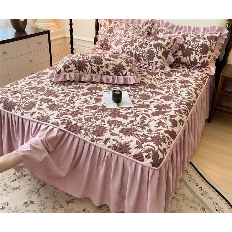 A Class Vintage Quilted Bed Skirt Washable Cotton Printed Bedspread 3 Piece Set Home Bedding Protector