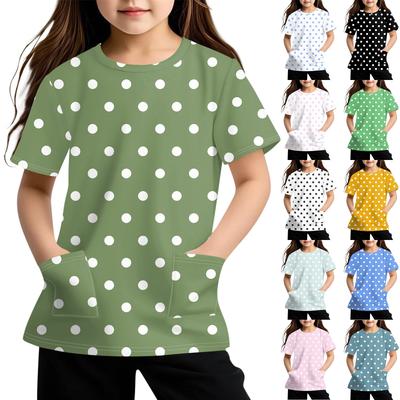 Children's Short Sleeve Pocket Tops Casual  Print T Shirt Round Neck Pullover Blouse