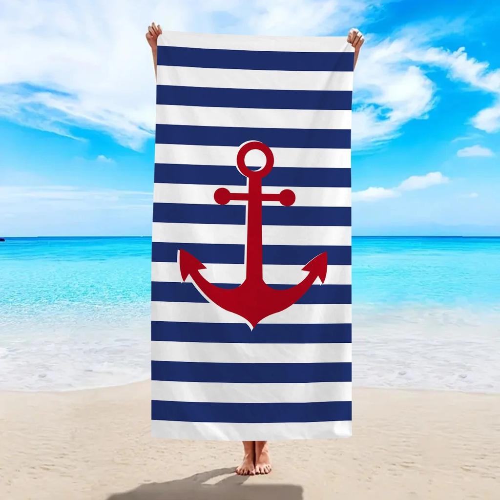 Nautical Anchor Print Beach Towel Soft Peach Skin Fabric Quick Dry Microfiber Summer Travel Vacation Swimming Pool Bath Towel