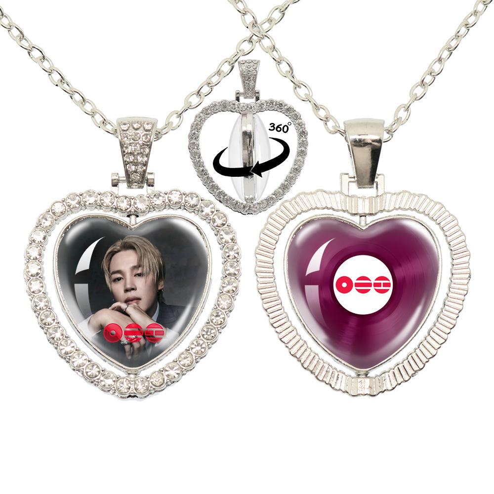 BTS Doppelseitige 360° drehbare Herz Halskette, Bangtan Boys Gruppe & Mitgliedsfoto Anhänger, Kpop ARMY Fans Schmuck Geschenk