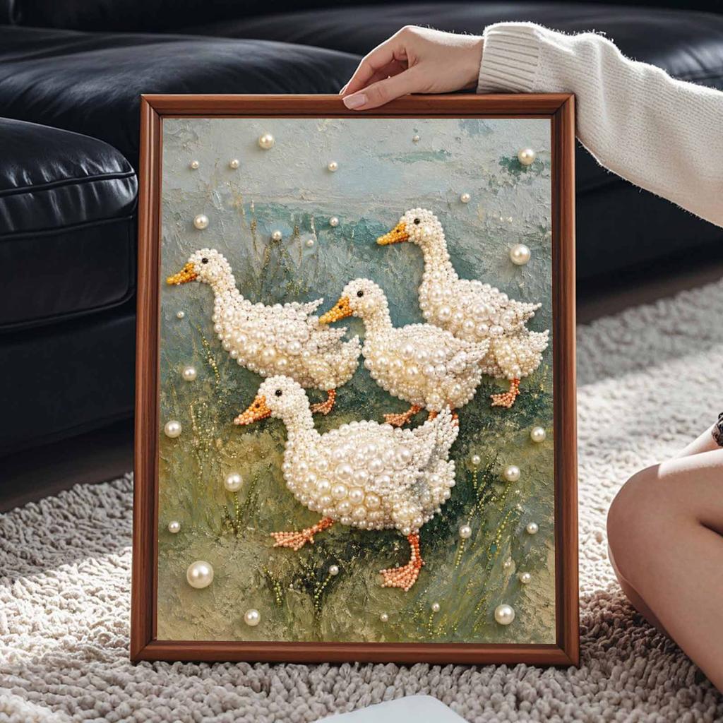 Elegant Framed Pearl Art DIY Set with Cute White Ducks 5D Sparkling Bead Canvas Painting Ready to Display Romantic Home Decor Gift