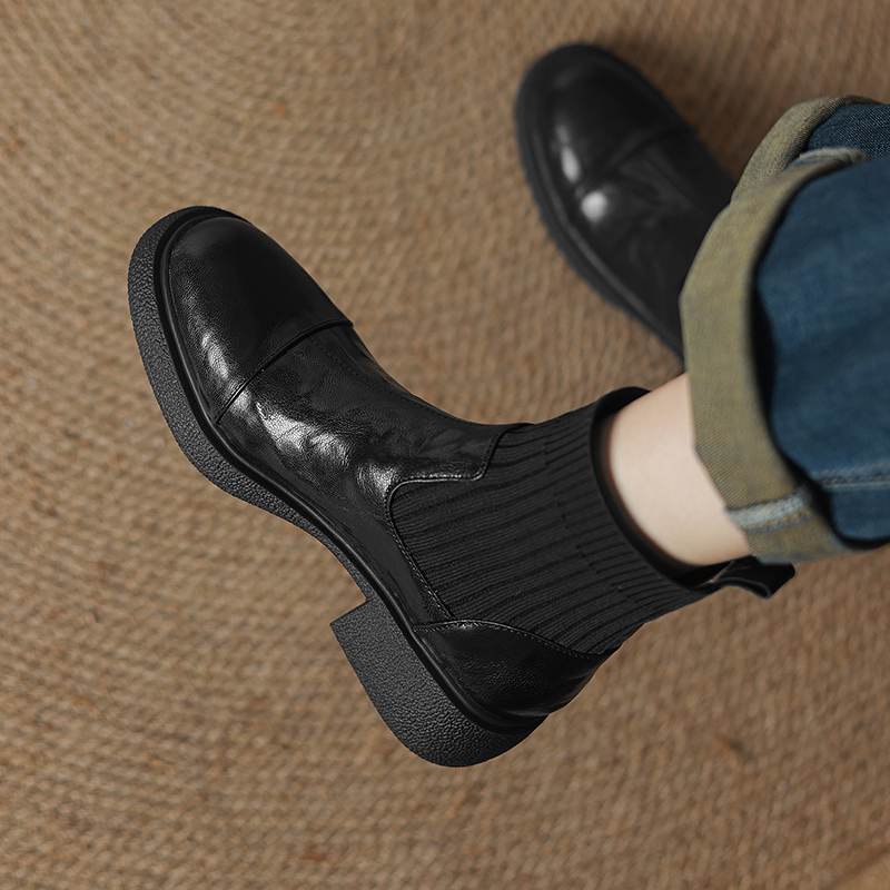 Krazing Pot Sheepskin Pleated Decoration Autumn Winter Shoes Chunky Heels Size 43 Size 42 Round Toe Slip on Retro Knit Wear Ankle Boots