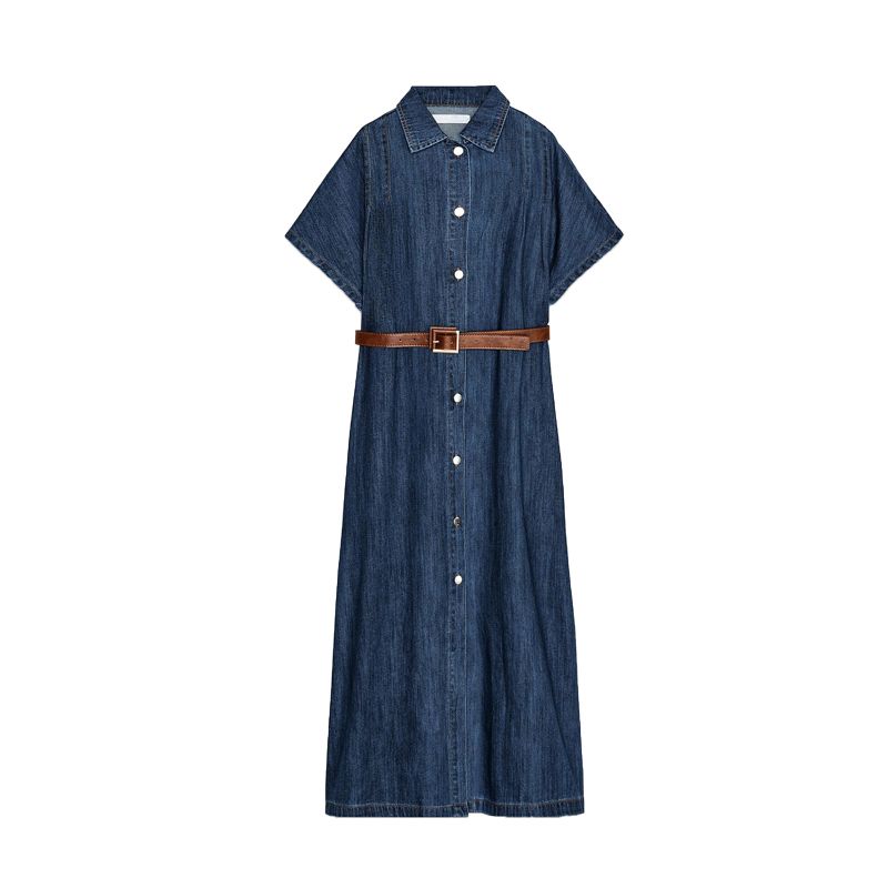 

Spring and Summer New Women s Clothing Decorated Row Button Lapel Short Sleeve with Belt Midi Skirt Denim Dress 0108025 Blue L