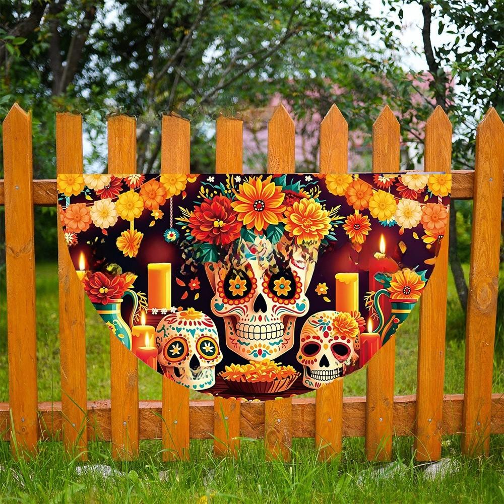 Watercolor Marigold Skeleton Day Of The Dead Fan Flag For Mexican Festival Party Decor