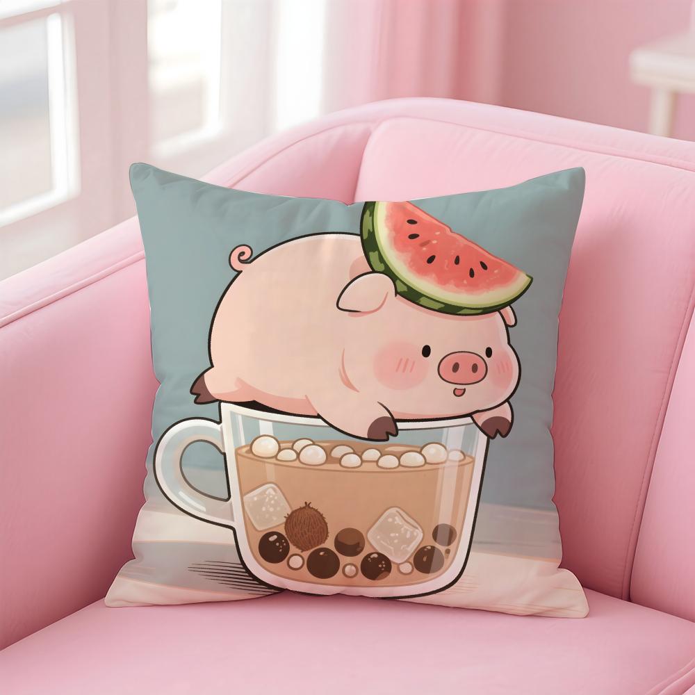 Cute Pig Summer Surprise Cushion Cover Linen Pillowcase Cover Soft Decor for Sofa Home Room
