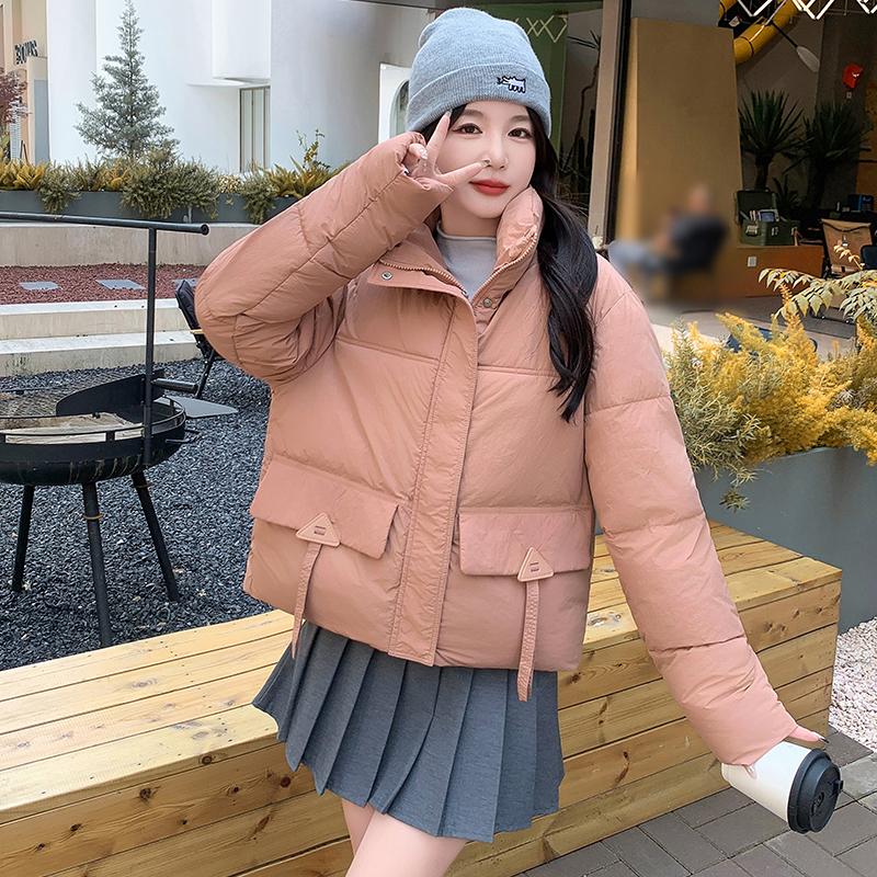 Women Autumn Winter Big Pocket Solid Color Thicken Outwear Cotton Padded Stand Collar Warm Short Jacket Coat