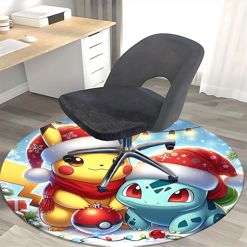 1pc Christmas Pikachu & Squirtle Anime Design Round Carpet - Office Chair Mat, Non-Slip Rug for Home Decor, Living Room, Bedroom