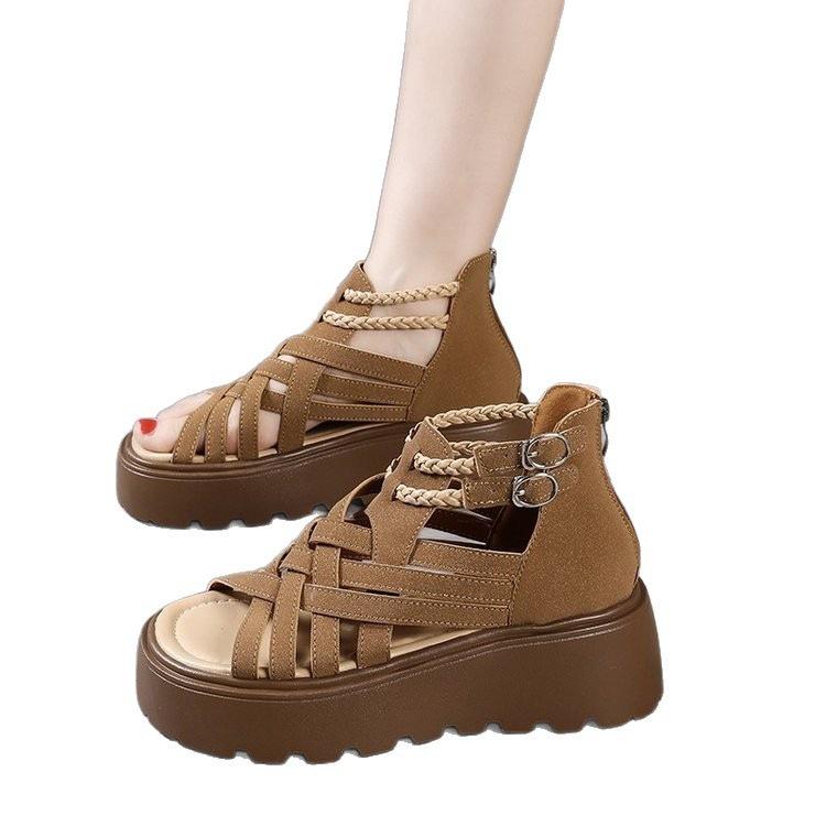 Roman sandals women's platform muffin women's shoes 2025 summer new French open-toed hollow breathable versatile hole shoes