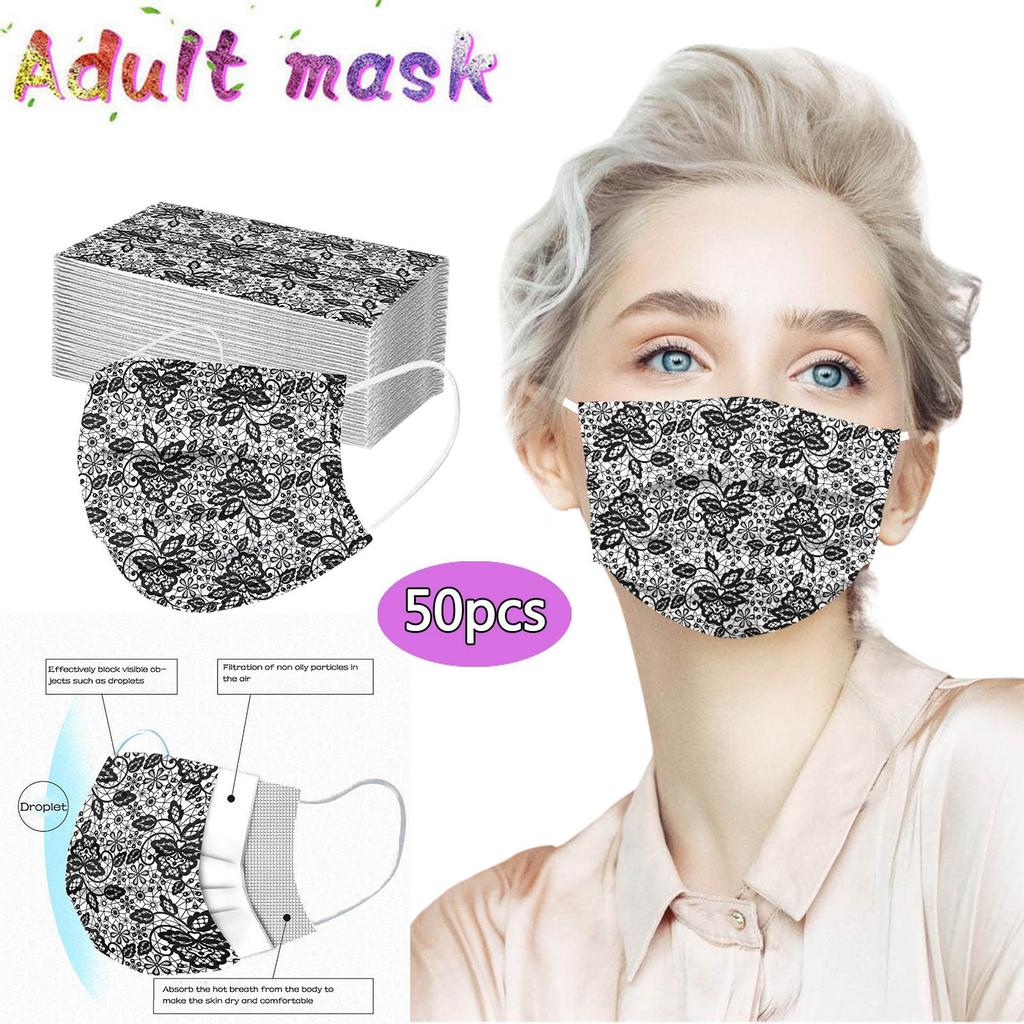 50PCS Adult Lace Mask Disposable Face Mask 3Ply Ear Loop Anti-PM2.5