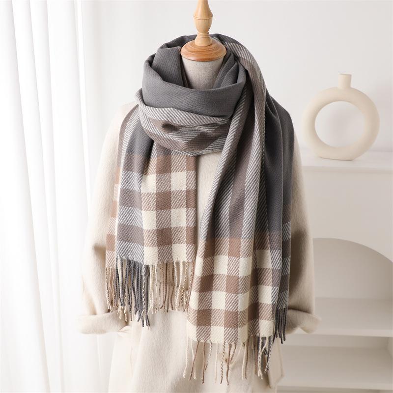 Plaid Color Matching Imitation Cashmere Warm Shawl Scarf Autumn And Winter Fashion High-End Sense Versatile Fringed Scarf