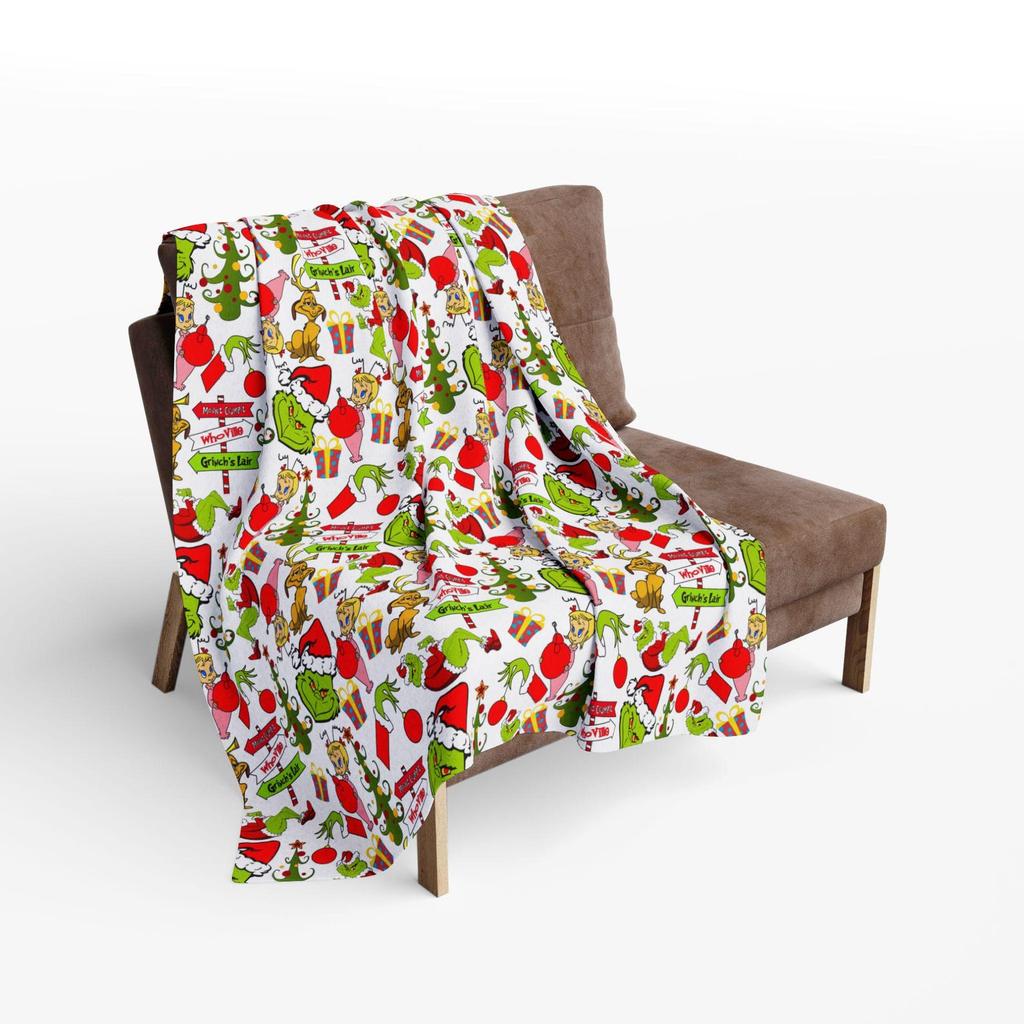 The Grinch Pattern Blanket | Christmas Whimsical Holiday Characters, Stockings, Trees