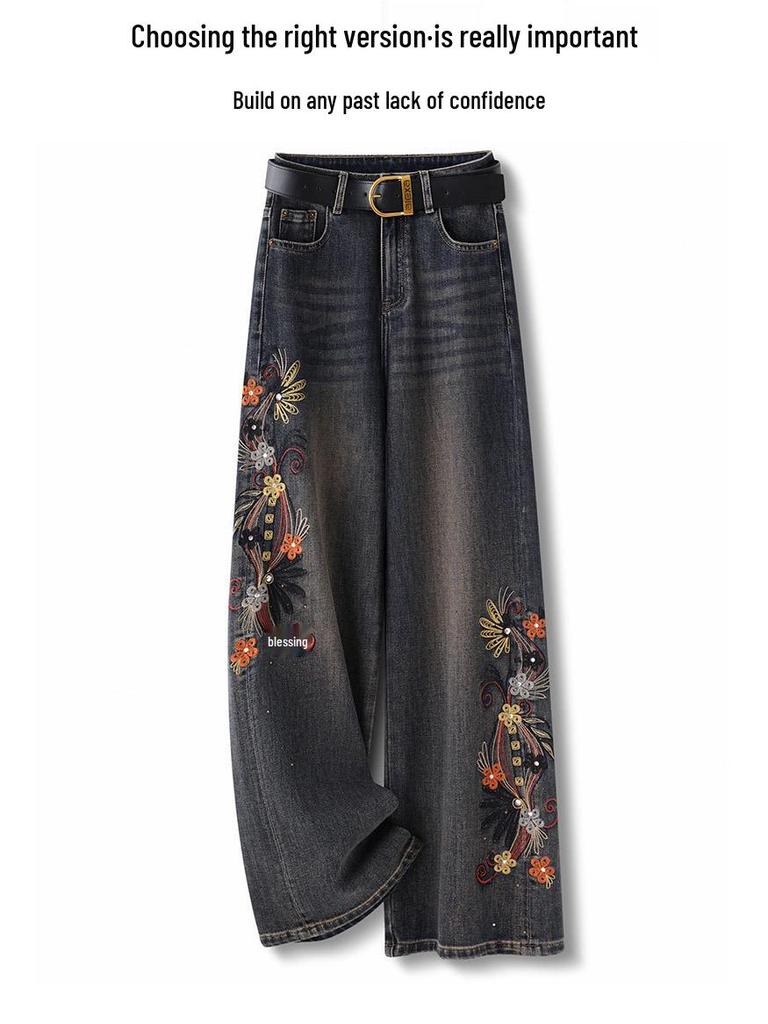 Women's Retro Embroidered Floral Wide-Leg Jeans, Autumn/Winter 2025 Collection