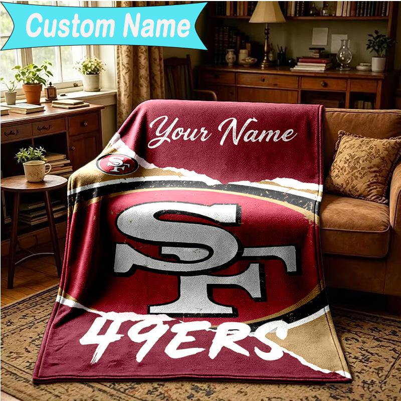 1PC Custom Name Blanket San Francisco Football Flannel Blankets Patterns Throw Blanket All-Season Soft Gift for Couch, Bed, Camping, Birthday Gifts