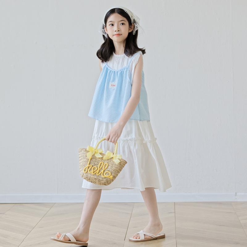 Girls' Fashionable Halter-neck Checked Top Two-piece Summer Children's Blazer and Dress Set