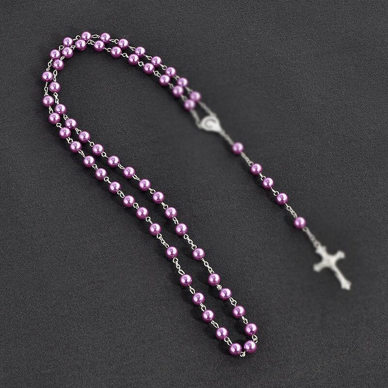 Imitation Pearl Rosary Necklace Alloy Cross Pendant Handmade Long Sweater Chain Vintage Unisex Fashion Jewelry