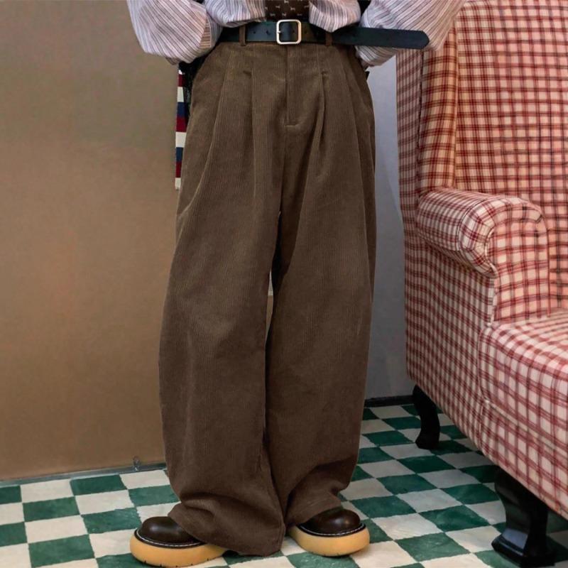 Men's Solid Color Corduroy Trousers Vintage Classic Ribbed Elastic Waist Micro-pleated Daily Pants