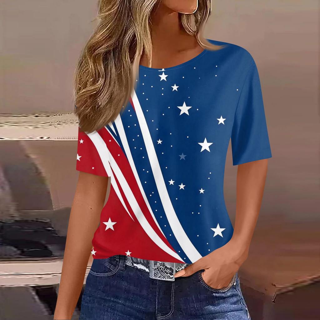 Women's Fashionable Casual Short Sleeve Print Round Neck Pullover Top