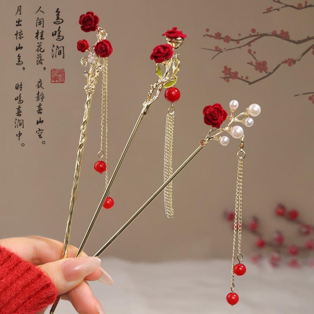 Vintage Chinese Style Rose Hairpin For Women Red Flower Element Tassel Hair Stick Elegant Exquisite Handmade Hair Accessories