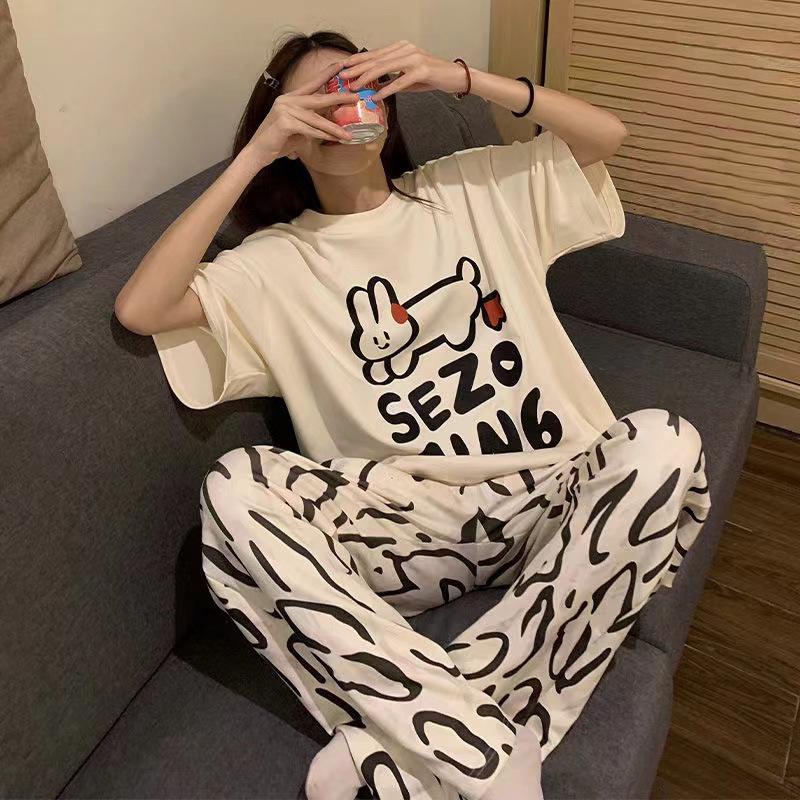 

Женский летний мультяшный пижамный комплект - Круглый вырез, Короткий рукав, Легкие брюки для весны и осени M