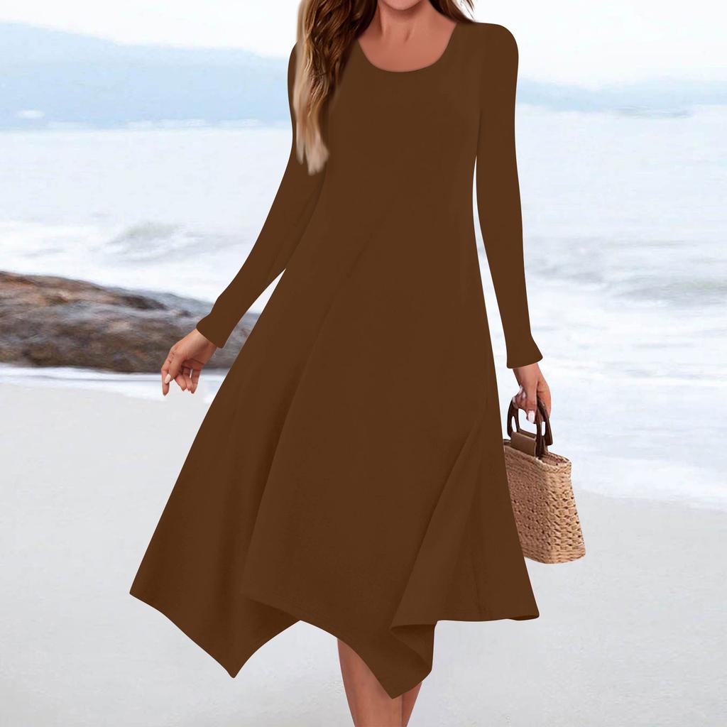 Women's Casual Fashion Round Neck Long Sleeve Solid Color Irregular Hem Midi Dress