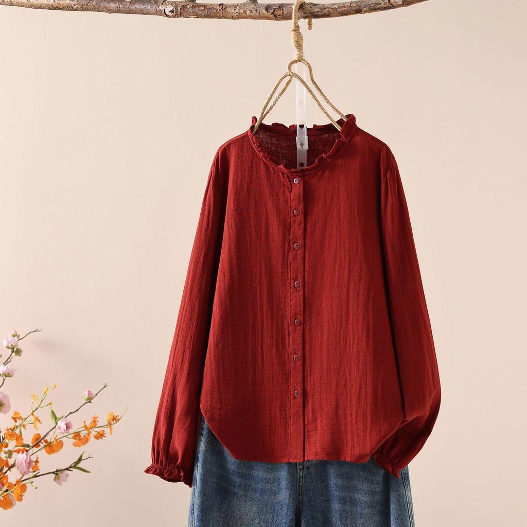 Japanese Style Women's Long Sleeve Lace Collar Shirt: Double Layer Cotton Gauze Loose Blouse