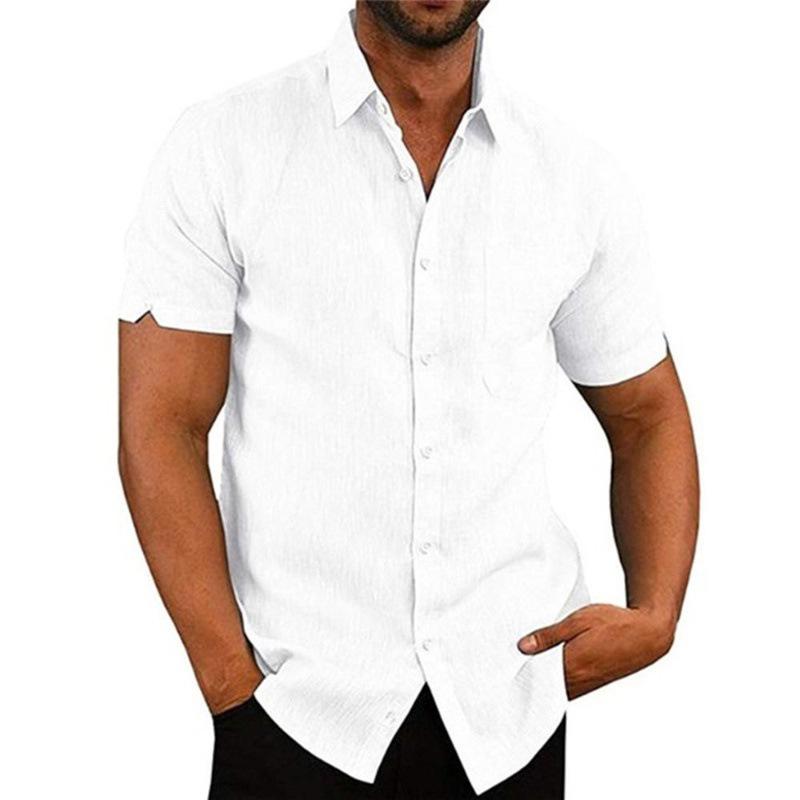 Men s Summer Short Sleeve Lapel Shirt - Solid Color Button-up S белый