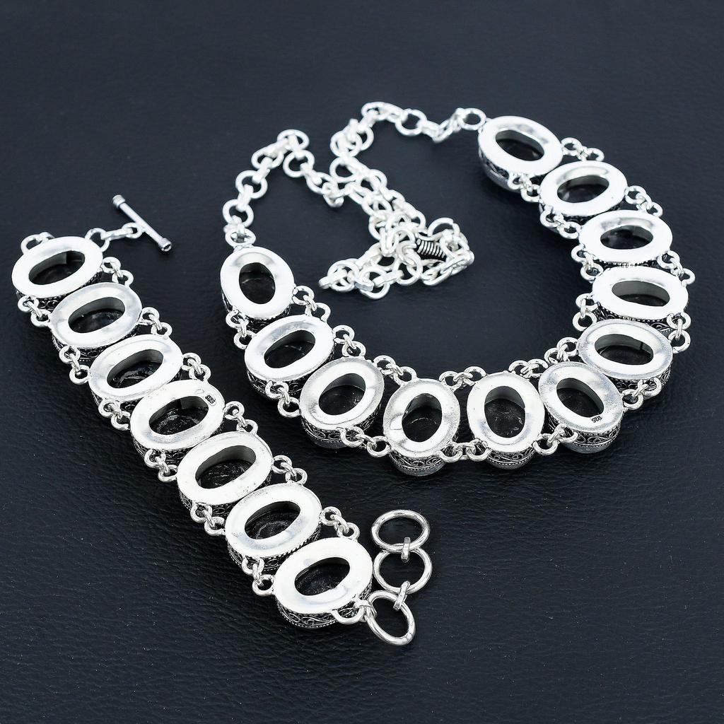 Naturlig Svart Onyks Edelsten Håndlaget 925 Sterlingsølv Smykker Halskjede Armbånd Sett, Antikk Smykkesett, Bryllupsgaver Armbånd Til Kone