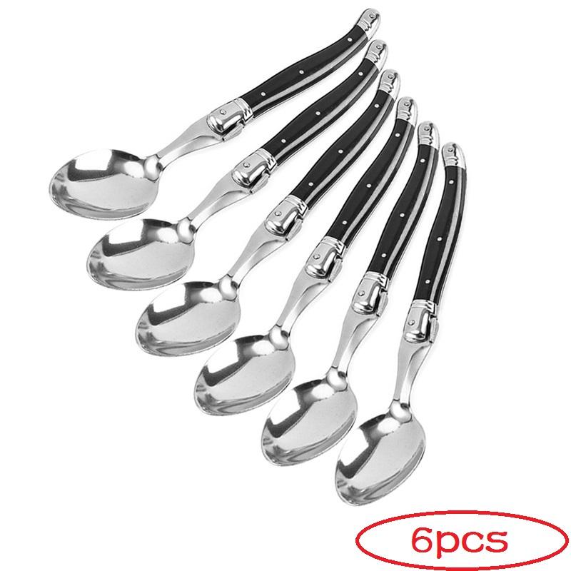 6-teiliges Laguiole-Menülöffel-Set, 20,3 cm, Edelstahl, langer Griff, Menülöffel, weißes Besteck, schwarzes großes Servierlöffel-Set, Geschirr