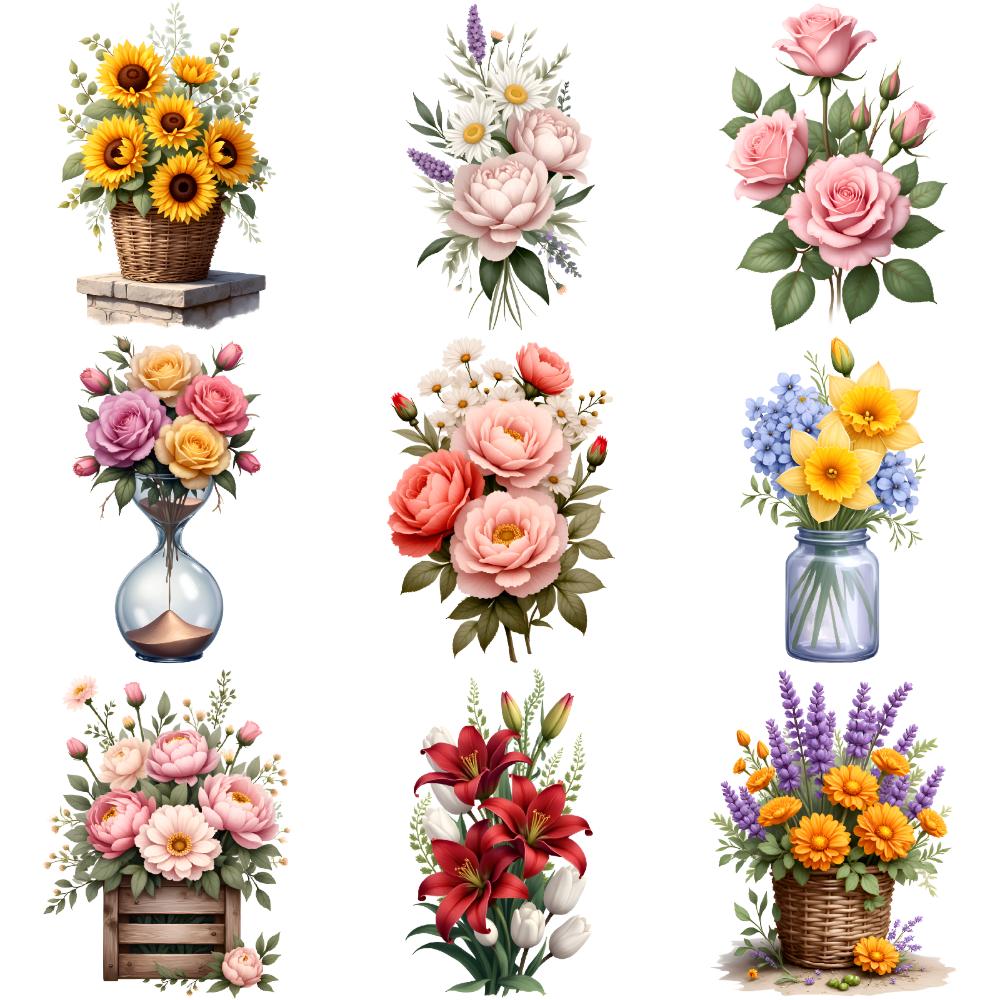 9pcs Temporary Tattoo Flower Bouquets Illustration Floral Arrangements Waterproof Long-lasting Body Stickers For Children