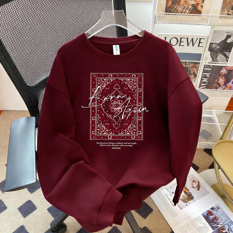 100% Cotton Vintage Print Long Sleeve T-Shirt, Lazy Style Versatile European-American Early Autumn Fashion