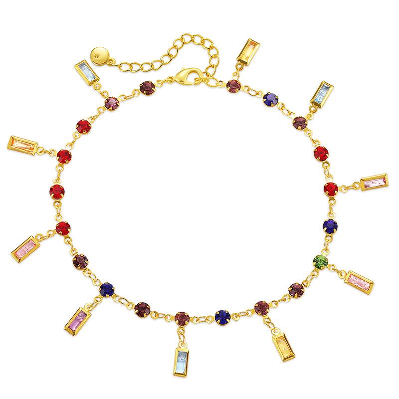 Gold Plated Multi-Color CZ Charm Anklet With Extension Chain
