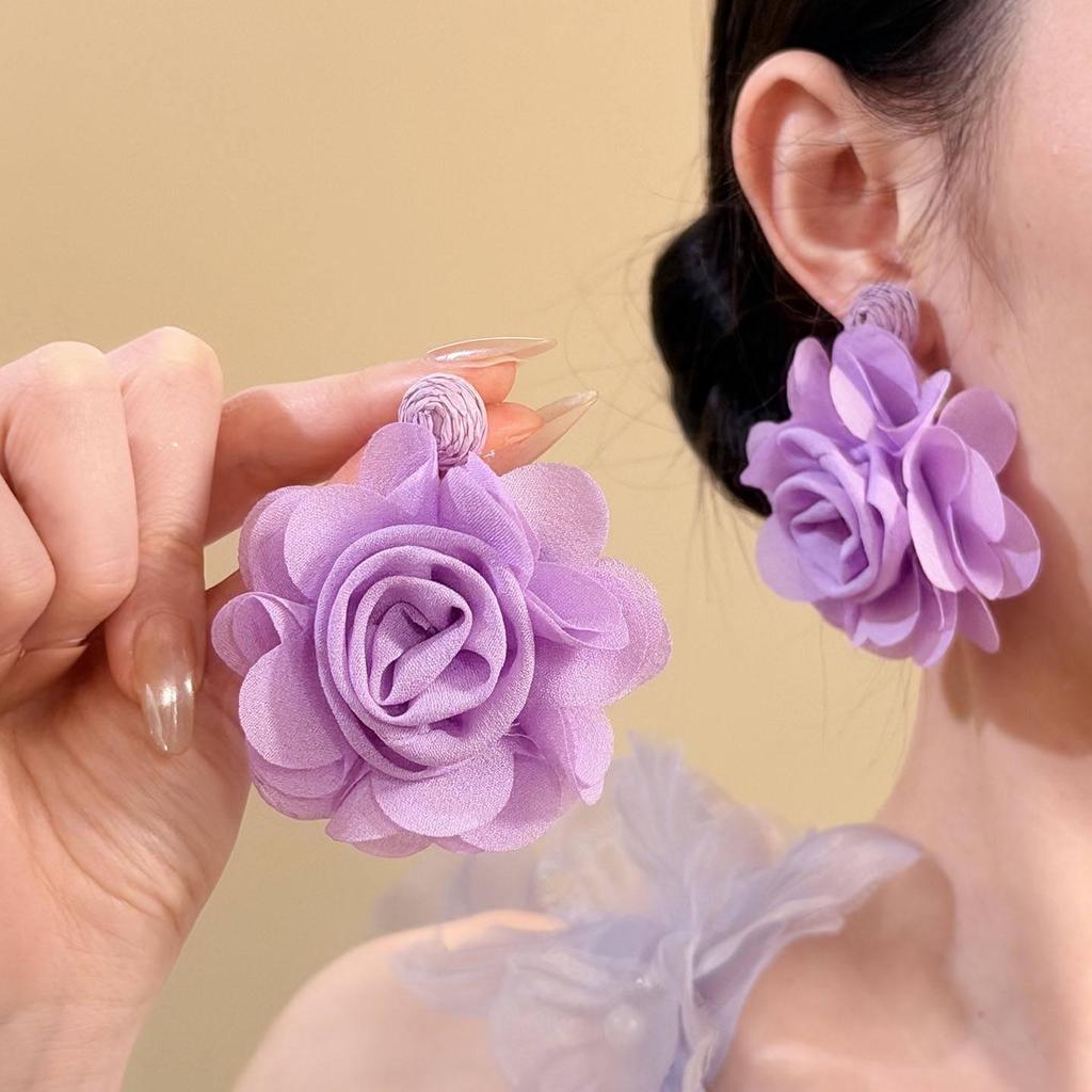 Raffia Šifonová Květinová Pecka Náušnice - Lehký Luxusní Dovolenkový Styl, Univerzální Design