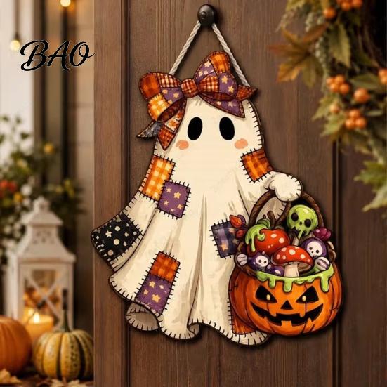 Halloween Theme Pendant Cute Bow Ghost Door Sign, Wooden Patchwork Hanging Plaque with Pumpkin Candy Basket, Party Background Decor Retro Wall Lanyard