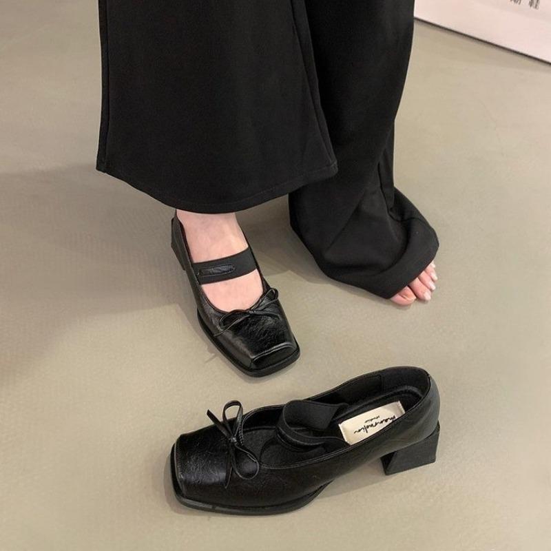 Sheepskin Version Square Head Bow with Mary Jane Shoes Thick Heel Ballet Single Shoes Retro One-pedal Small Leather Shoes