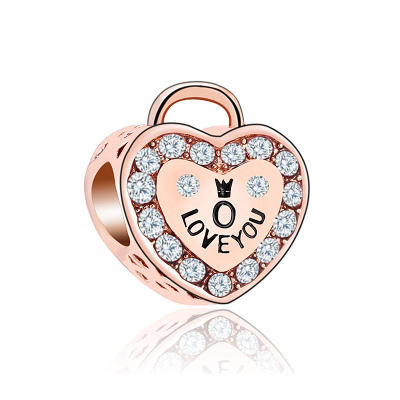 Fashion Rose Gold Plated Crystal Love Heart Flower Charms Bead Fit Original Bracelet Charm Pendants for DIY Jewelry Making